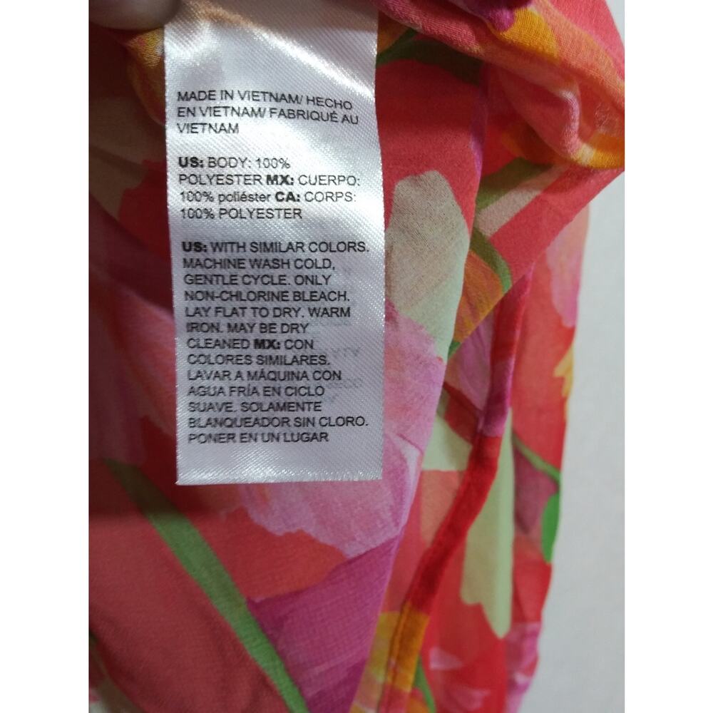 Chico's Vibrant Tropical Pink Floral Long-Sleeve Button Front Sheer Blouse Sz 12 - Picture 6 of 7